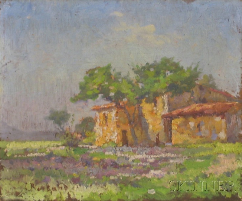 Appraisal: Framed Oil on Panel Landscape with House indistinctly inscribed l