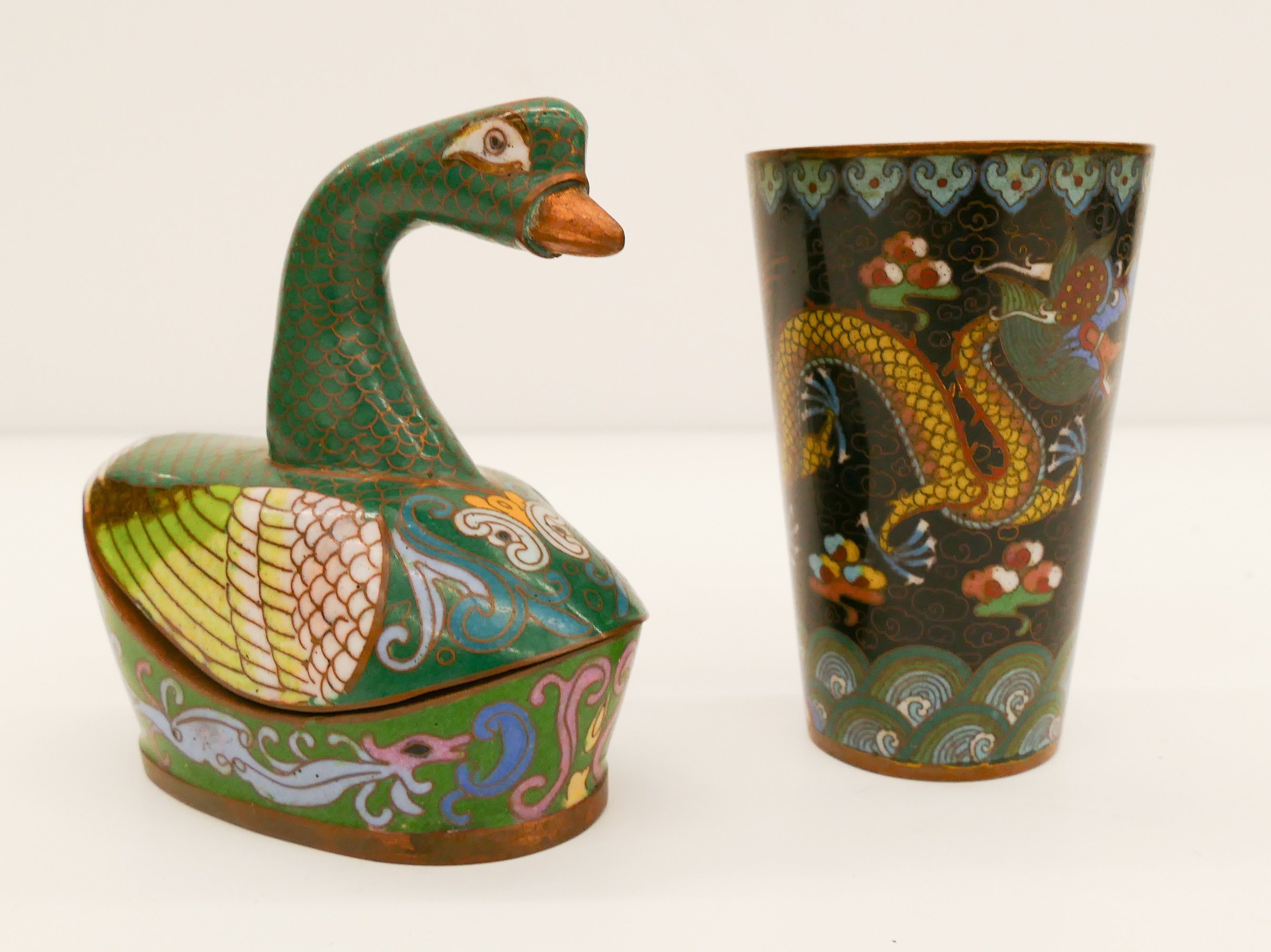 Appraisal: pc Old Chinese Cloisonne Beaker Swan Box- '' each