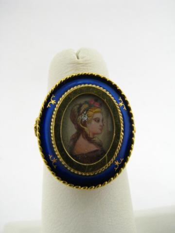 Appraisal: K Yellow Gold hand painted enameled portrait ring stamped Porleno