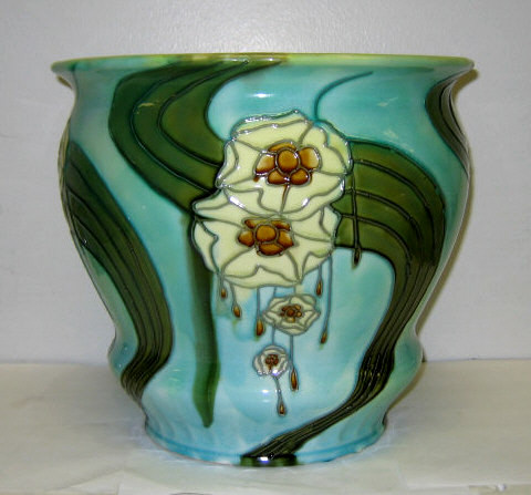 Appraisal: MINTON MAJOLICA JARDINIERE Unusual Art Nouveau decoration of yellow flowers