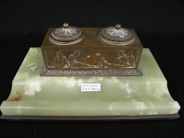 Appraisal: French Bronze Onyx Inkstand double well men at rest wide