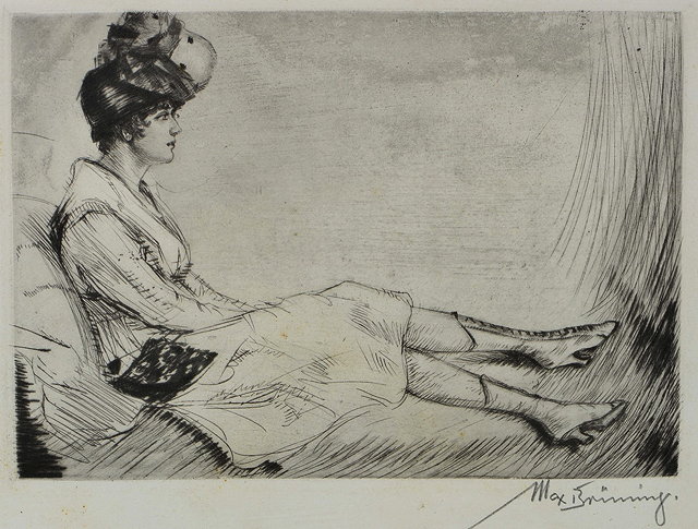 Appraisal: MAX BRUNING - A fashionable reclining lady etching pencil signed