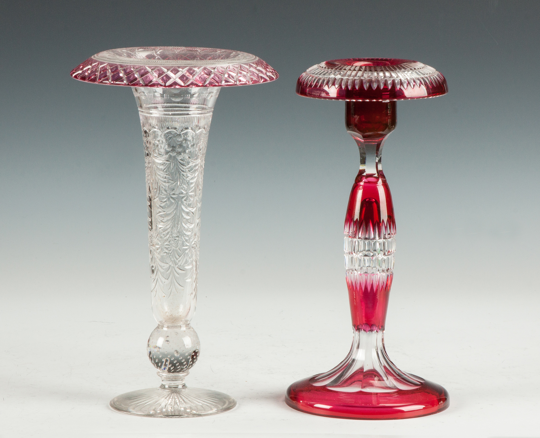 Appraisal: Two Ruby Cut to Clear Vases L Attr to Pairpoint