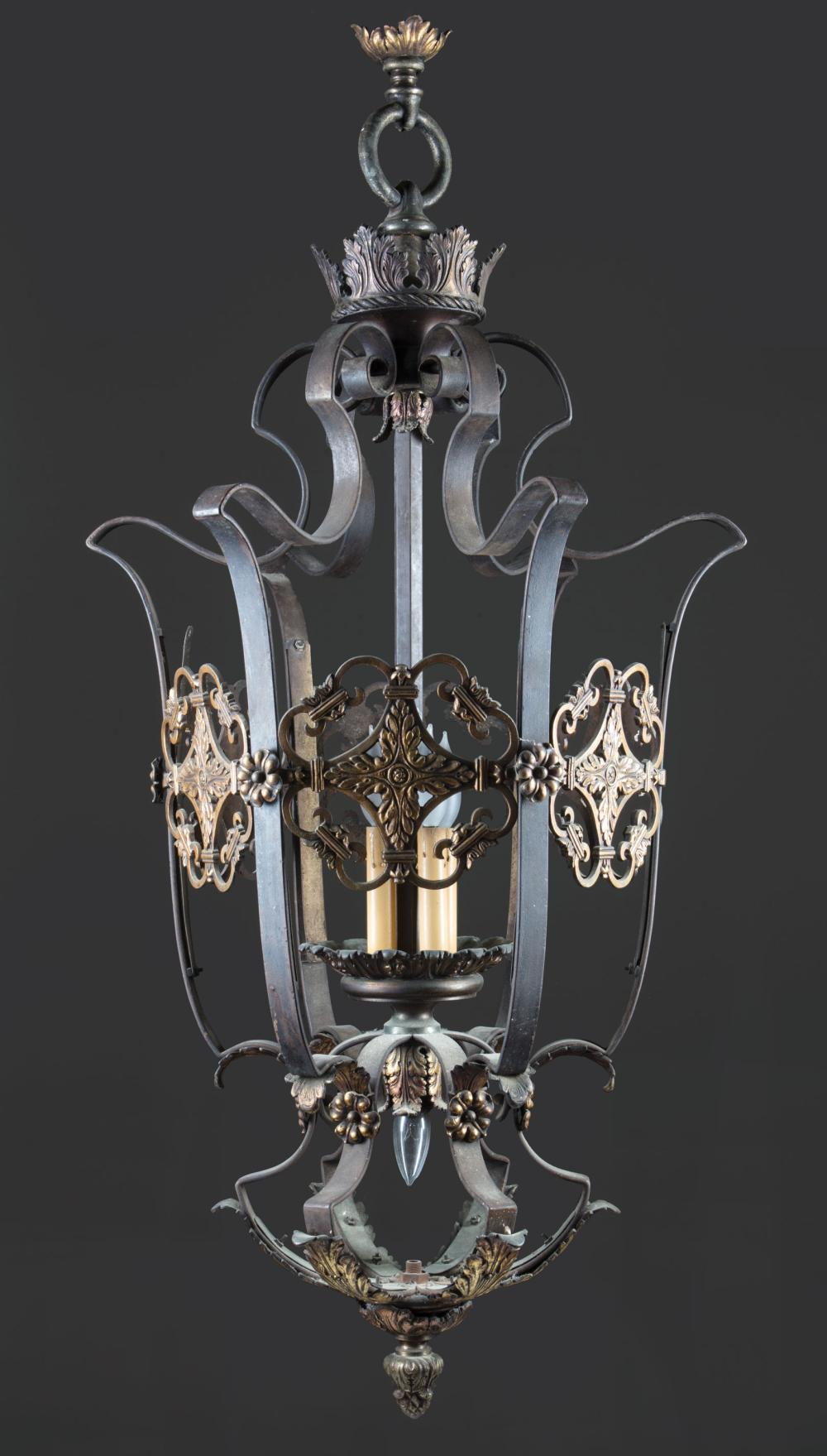 Appraisal: Continental Cast Iron and Bronze Chandelier cage form foliate mounts