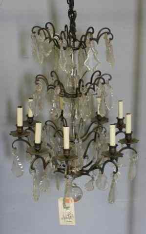 Appraisal: Vintage Brass Crystal Light Chandelier withGlass Center and Tiers of