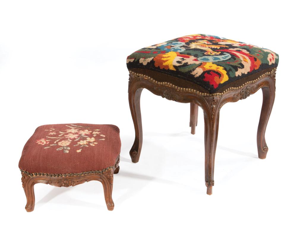 Appraisal: Two Louis XV-Style Carved Walnut Stools needlepoint cushions nailhead trim