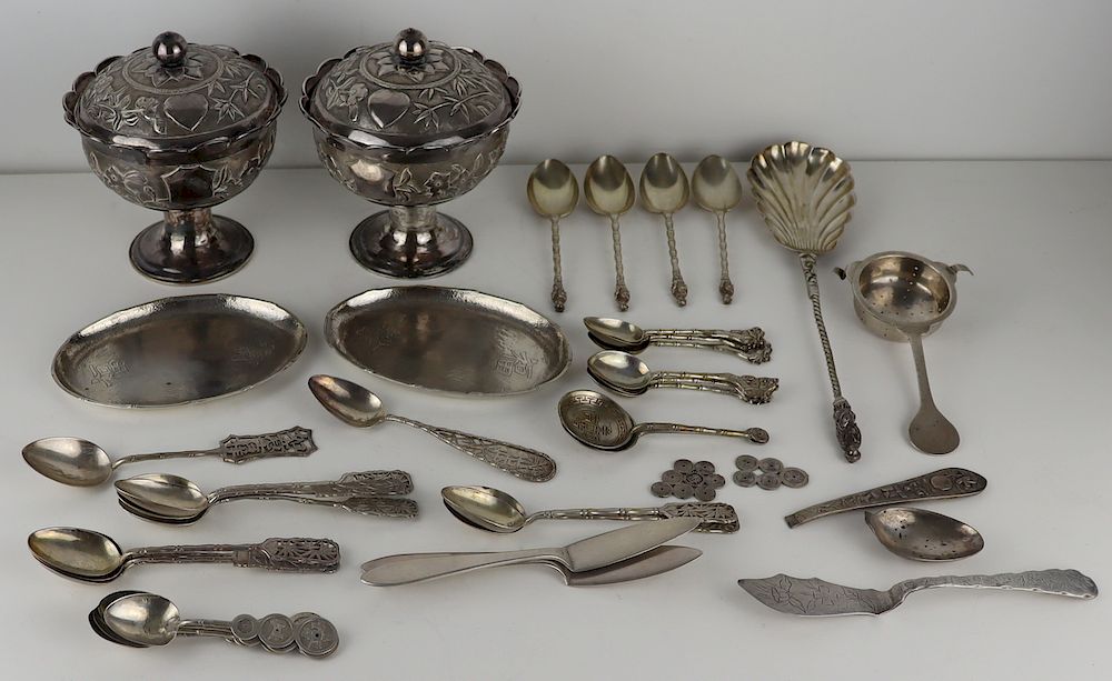 Appraisal: SILVER Assorted Asian Silver Hollow Ware and Flatware Grouping Includes