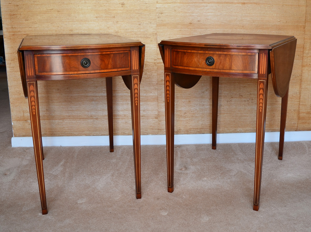 Appraisal: PAIR PEMBROKE SIDE TABLES Banded mahogany with bell flower and