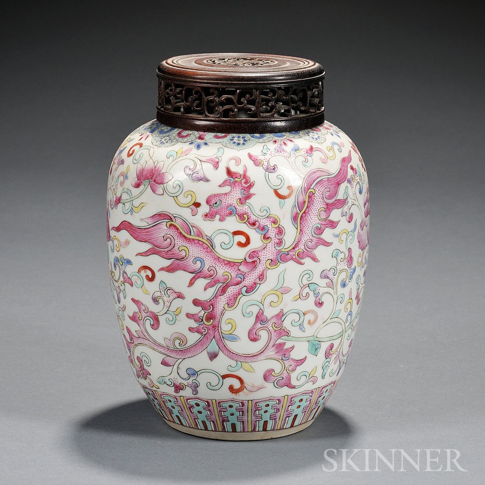 Appraisal: Enameled Jar China elongated bulbous-shape with short mouth resting on