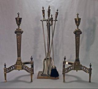 Appraisal: PAIR OF FRENCH REGENCY STYLE ANDIRONS AND FIRE TOOLS PAIR