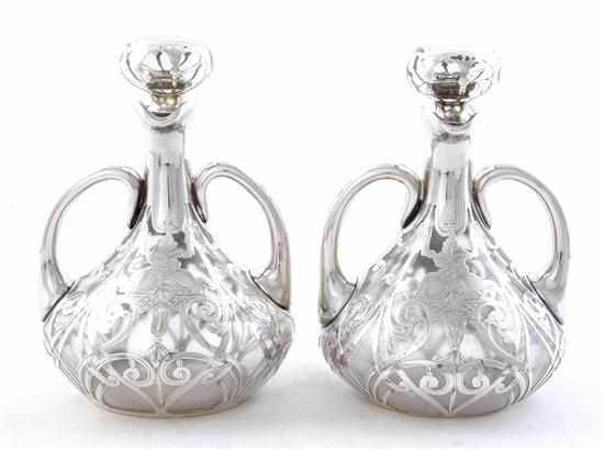 Appraisal: Pair Gorham silver overlay decanters early th century Art Nouveau