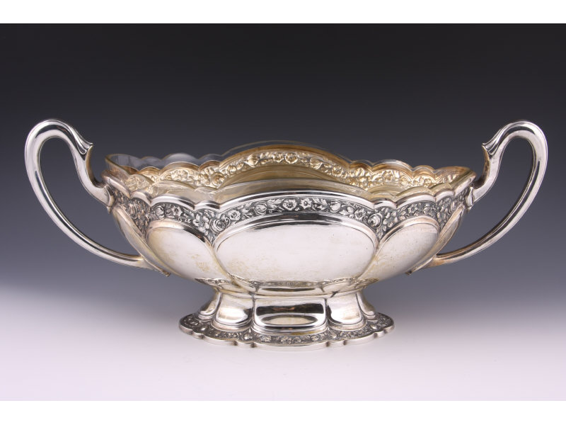 Appraisal: German Silver Center Bowl silver double handled boat form center