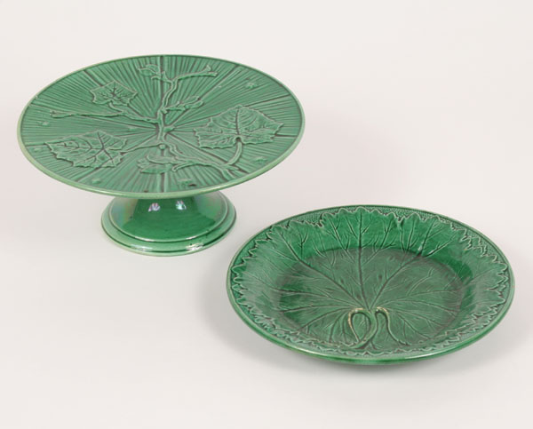 Appraisal: Lot of green majolica pieces including a geranium leaf plate