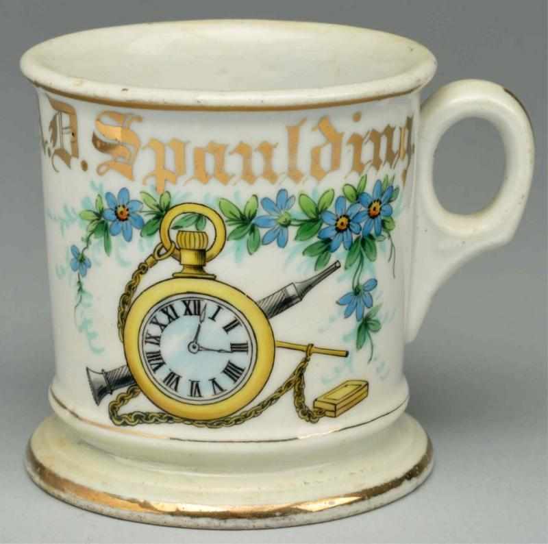 Appraisal: Pocket Watch Repairman Shaving Mug Gilded D Spalding Nice floral