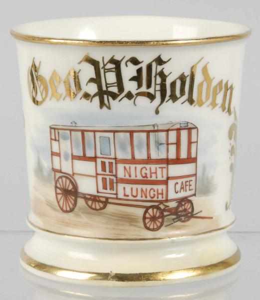 Appraisal: Lunch Wagon Shaving Mug Description Marked Geo P Golden across