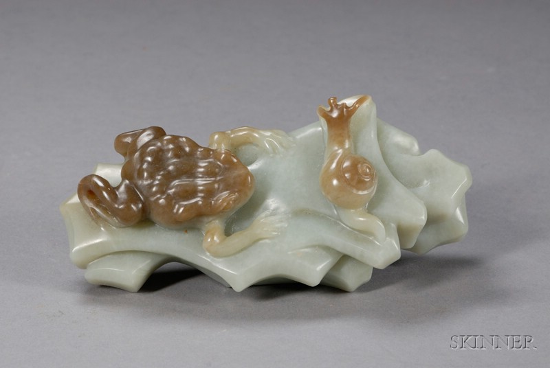 Appraisal: Jade Carving celadon stone with brown areas carved as a