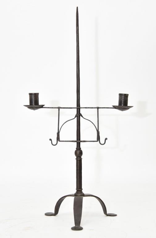 Appraisal: Wrought iron double-arm adjustable lighting device th c h x