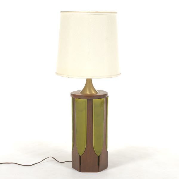 Appraisal: MCM WOOD AND CERAMIC PANEL LAMP overall Mid-century modern wood