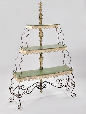 Appraisal: An Italian Wrought Iron Tole and Wood Etagere Three-tier etagere