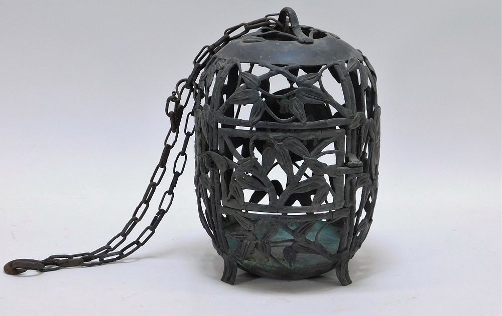 Appraisal: Japanese Meiji Period Bronze Bamboo Lantern Japanese Meiji Period Four