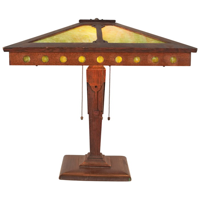 Appraisal: Prairie School table lamp pyramidal slag-glass shade with cut-out details