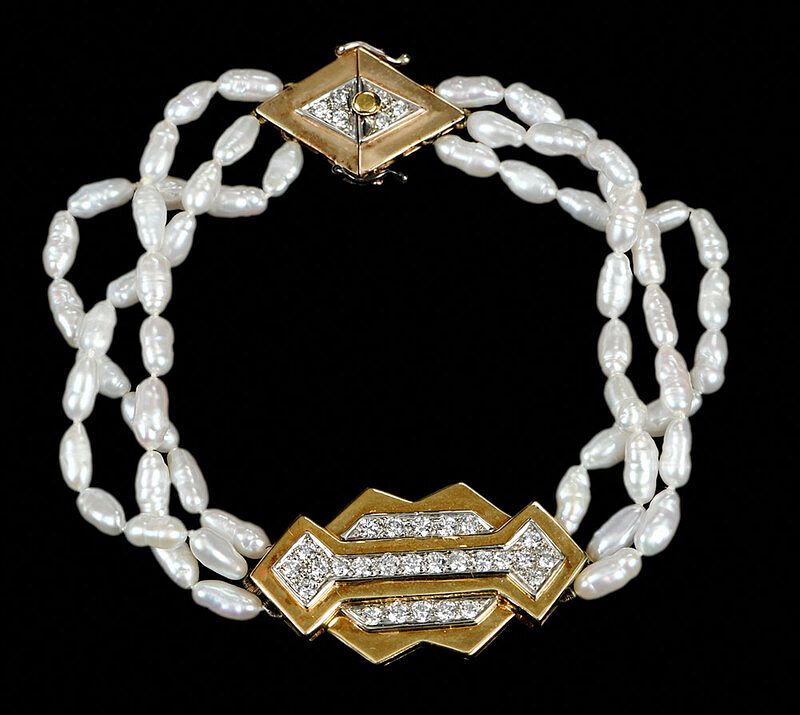 Appraisal: Gold Pearl and Diamond Bracelet keshi pearl bead strands diamonds