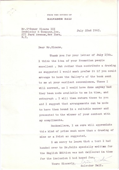 Appraisal: DAL SALVADOR Typed Letter Signed to Doubleday editor O'Conor Sloane