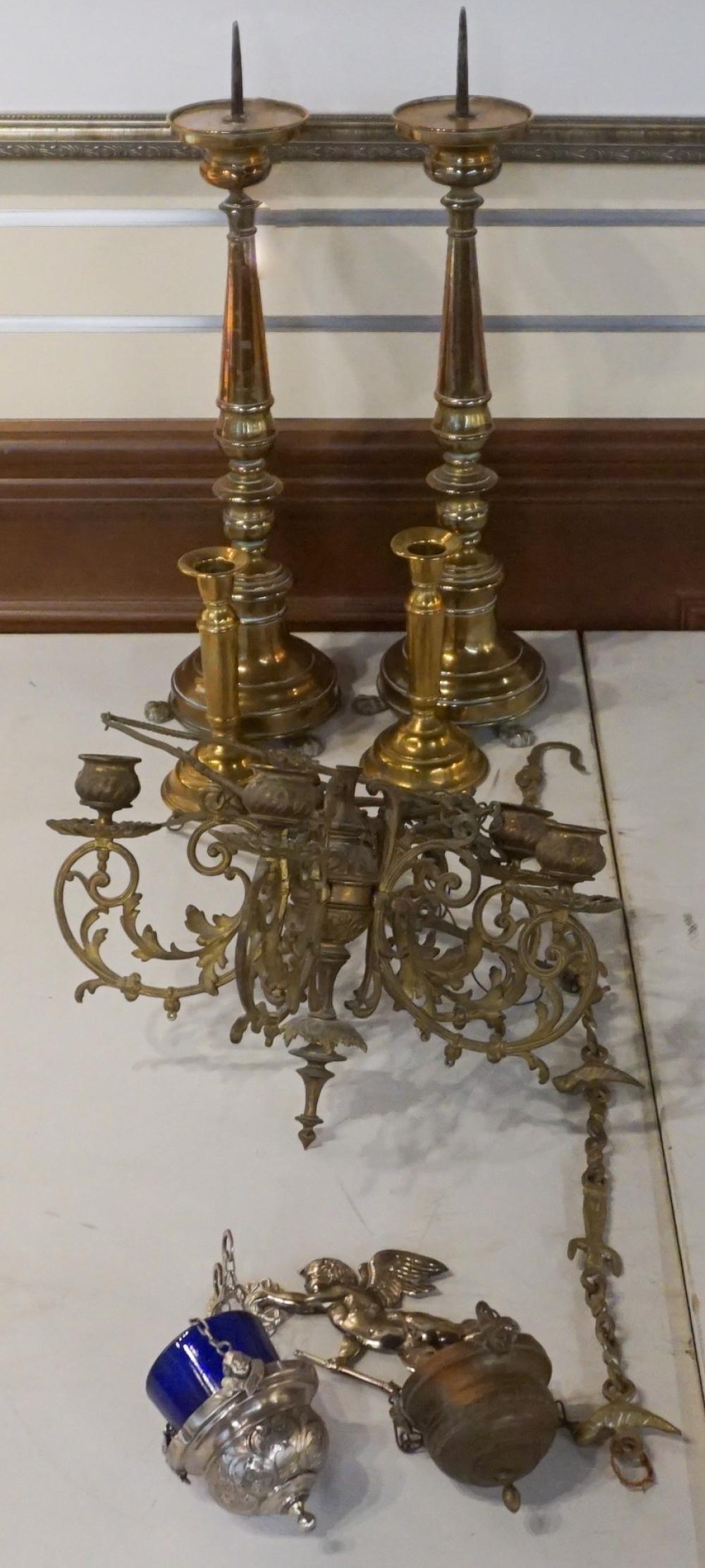 Appraisal: Pair European Pricket and Other Candlesticks Hanging Fixture and Two