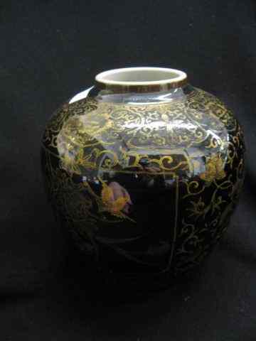 Appraisal: Chinese Mirror Black Porcelain Vase gold bird floral decor ''