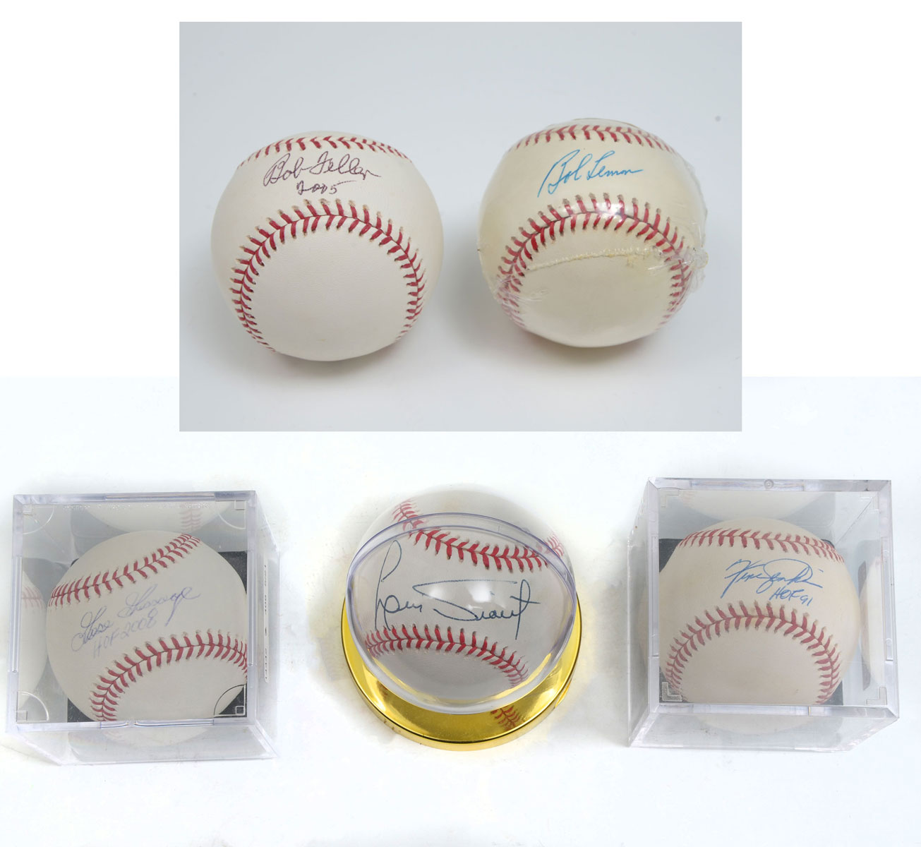 Appraisal: FIVE AUTOGRAPHED MLB BASEBALLS TIANT GOSSAGE JENKINS FELLER LEMON Five