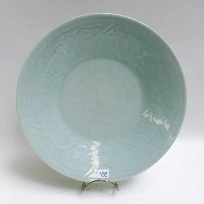 Appraisal: CHINESE CELADON GLAZED CHARGER with incised radiating design to reserve