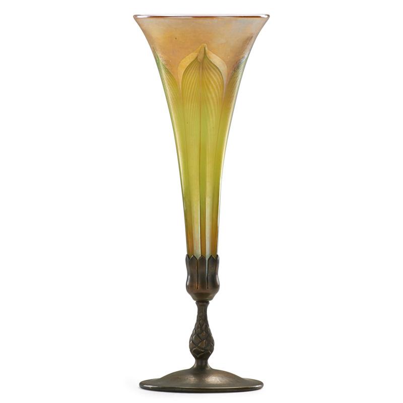 Appraisal: TIFFANY STUDIOS Pulled feather vase w bronze base Condition Report