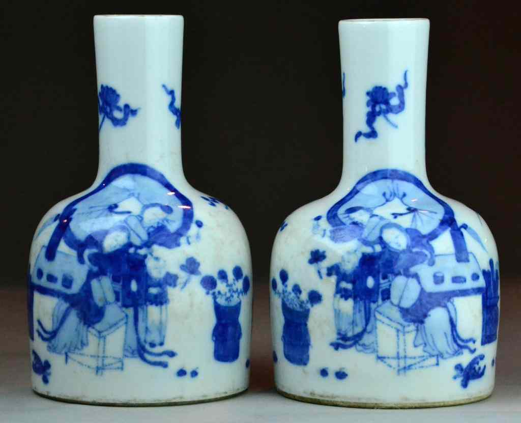 Appraisal: Pr Chinese Blue White Porcelain Mallet VasesFinely painted to depict