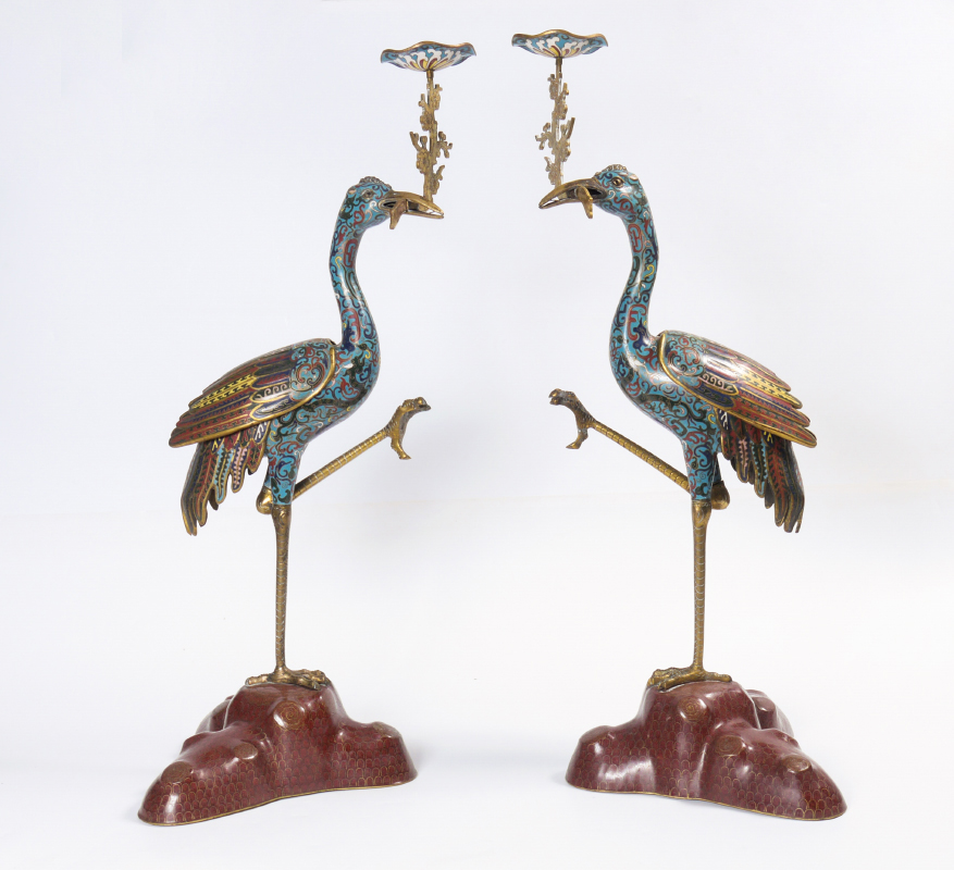 Appraisal: PAIR OF LARGE CHINESE CLOISONNE CRANE CENSER CANDLEHOLDERS th Century