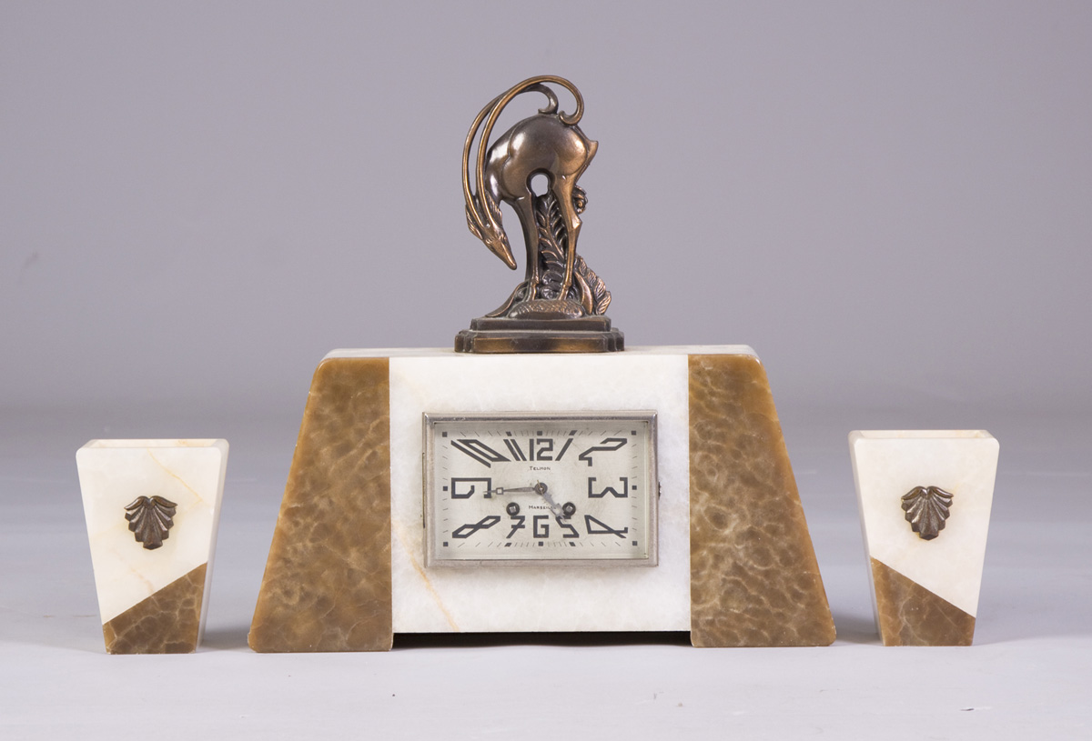 Appraisal: Art Deco Clock with Two Side Pieces Onyx case with