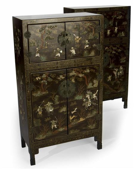 Appraisal: A pair of Chinese brown lacquer decorated and hardstone inlaid