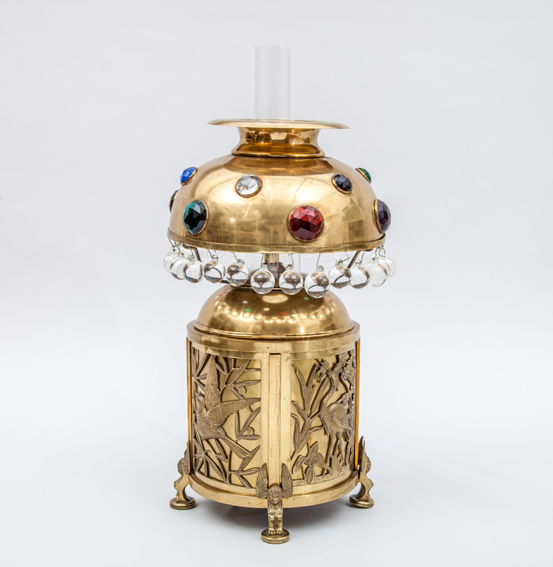 Appraisal: AESTHETIC MOVEMENT KEROSENE LAMP Brass glass drops colored glass jewels