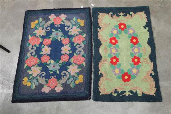 Appraisal: TWO HOOKED RUGS Both with green blue fields and polychrome