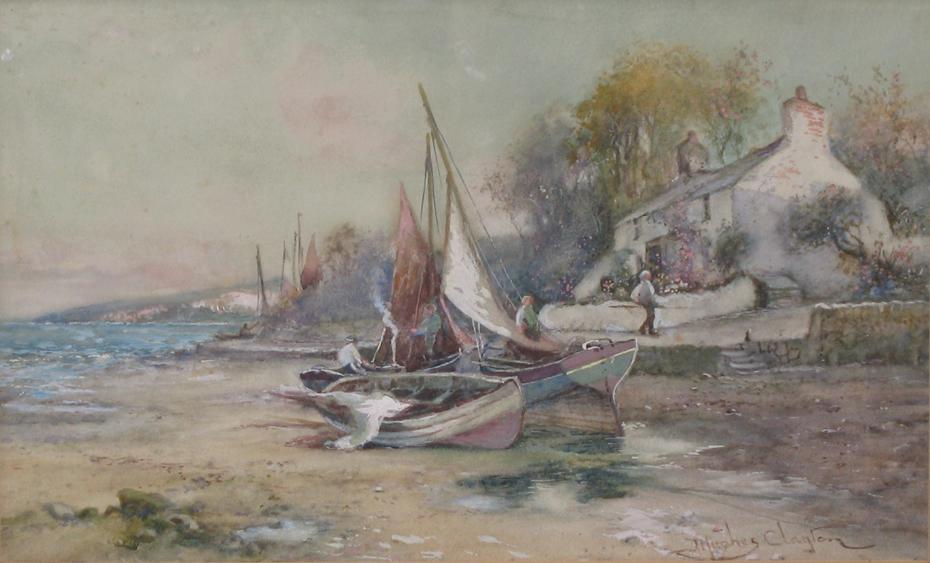 Appraisal: J HUGHES CLAYTON Fishing boats pulled up on a beach