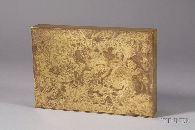 Appraisal: Sutra Case China th century gilt-bronze surface carved with Hsi