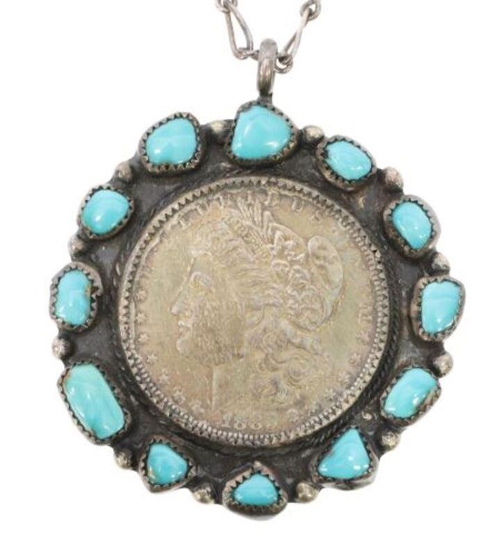 Appraisal: Southwest silver content unknown pendant set with turquoise cabochons Morgan