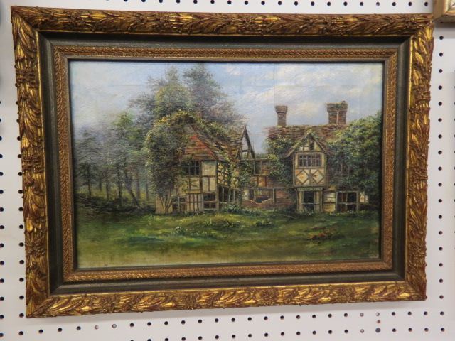 Appraisal: th Century Oil overgrown cottage on canvas image area x