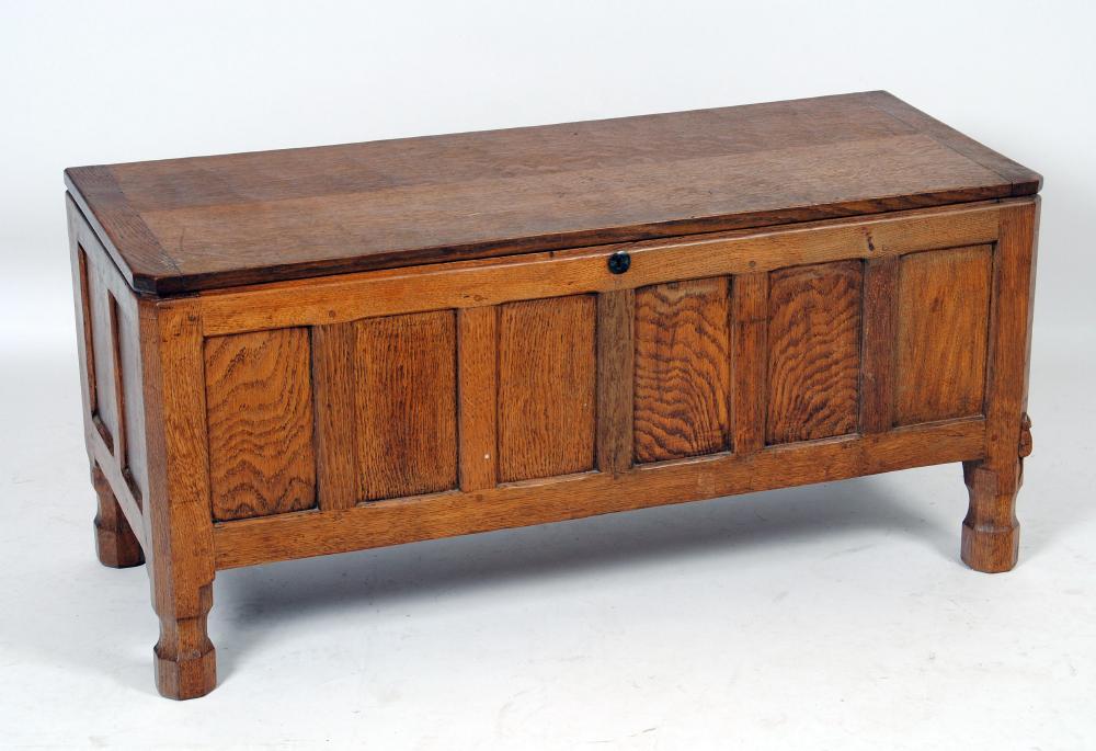 Appraisal: AN ADZED OAK BLANKET BOX by Robert Mouseman Thompson 's