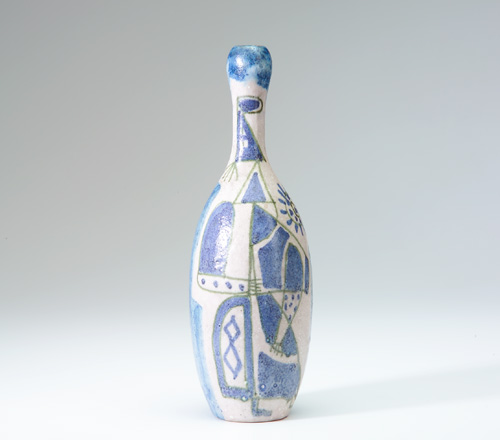 Appraisal: GAMBONE Bottle-shaped faience vase painted with cubist figure in indigo