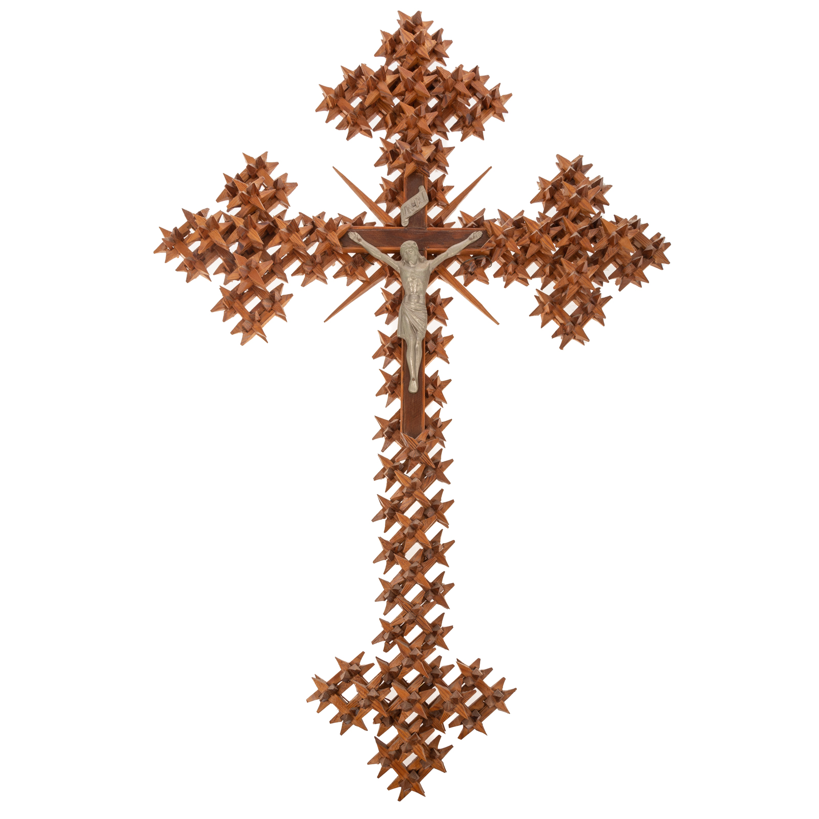 Appraisal: TRAMP ART CARVED WOOD CRUCIFIX Crown of Thorns joinery with