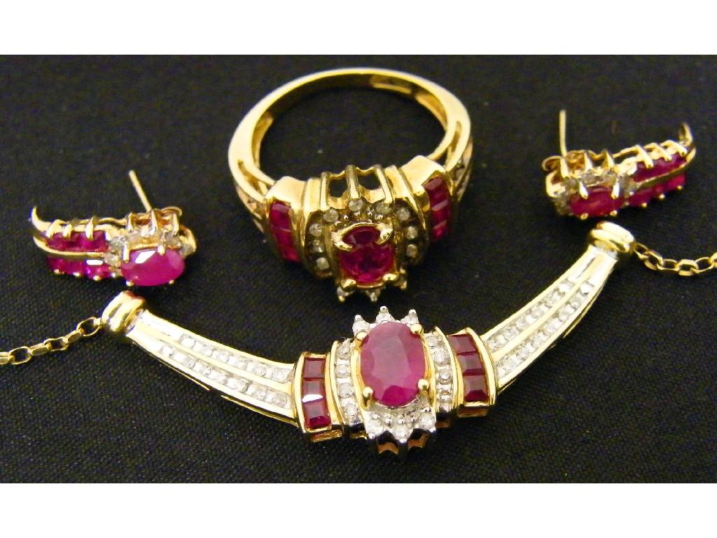 Appraisal: Gold ruby and diamond suite comprising a cluster ring pair