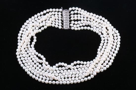 Appraisal: SEVEN-STRAND MATCHED CULTURED PEARL CHOKER mm pearls K white gold