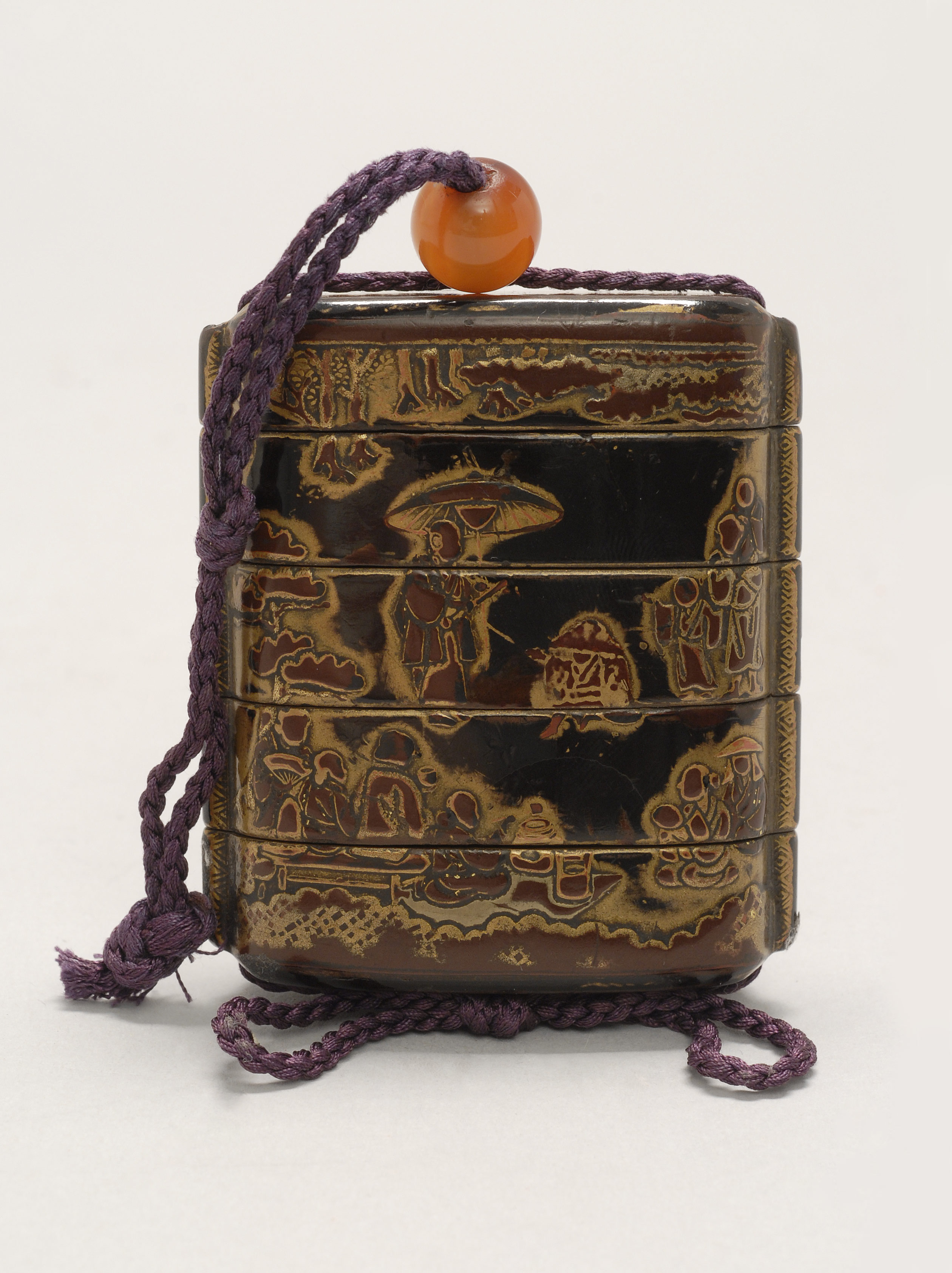 Appraisal: FOUR-CASE GOLD AND BLACK LACQUER INRO th CenturyWith figural landscape