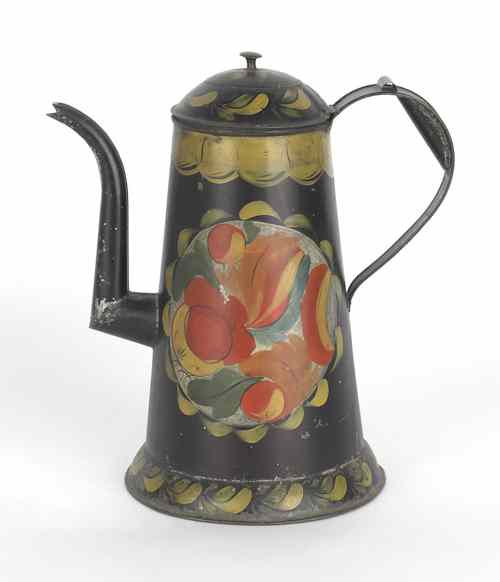 Appraisal: Pennsylvania tole decorated tin coffee pot th c with overall