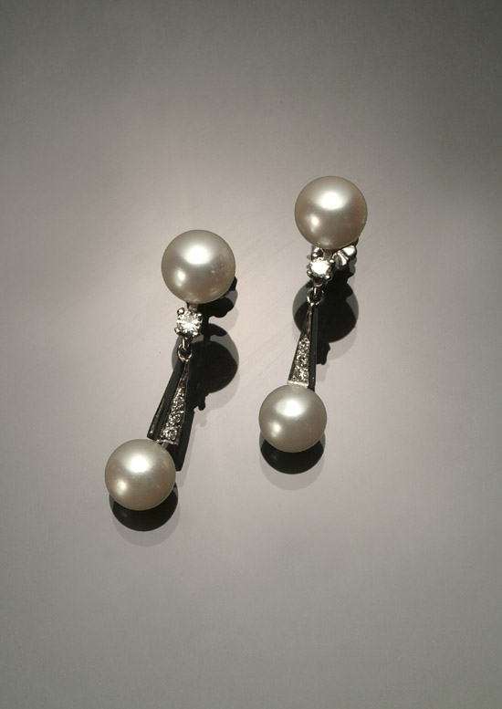 Appraisal: Pair of -Karat White-Gold Cultured Pearl and Diamond Pierced Earrings